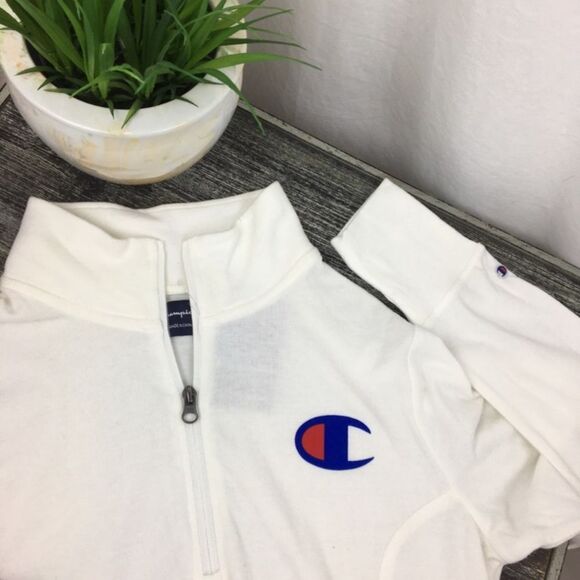 Champion White Long Sleeve Logo Print Half Zip Sweatshirt M NEW - Picture 3 of 7